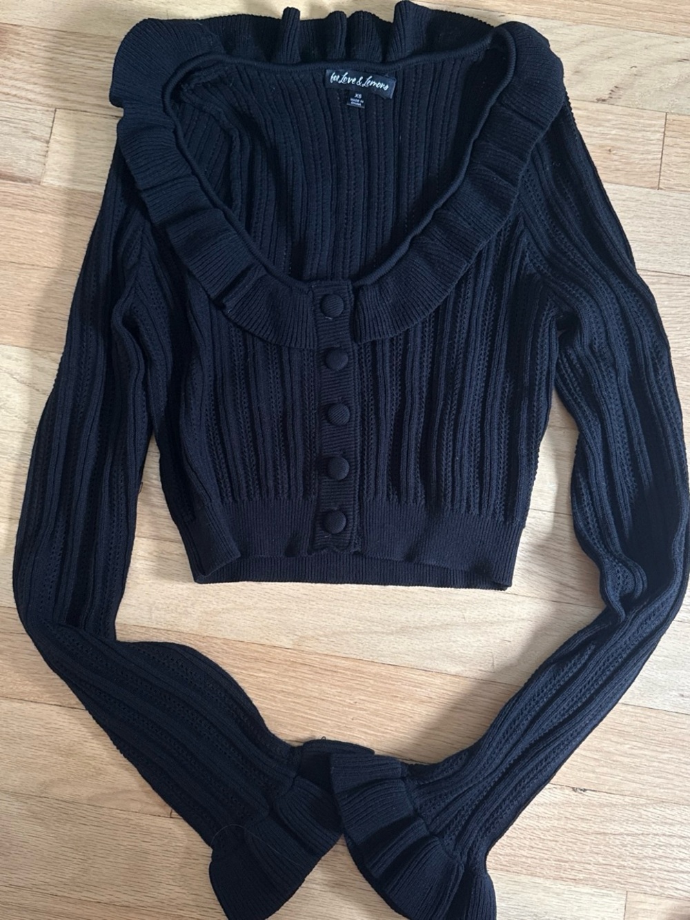 For Love & Lemons Black Ruffled Collar Button-Front Knit Sweater
